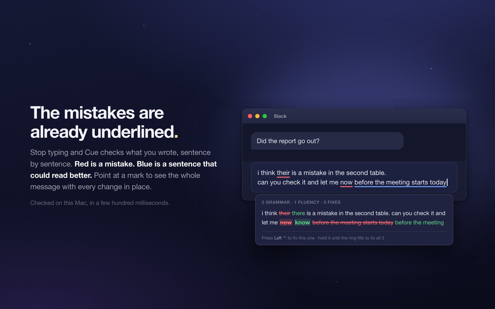 Underlined mistakes in a Slack draft with the correction popover open