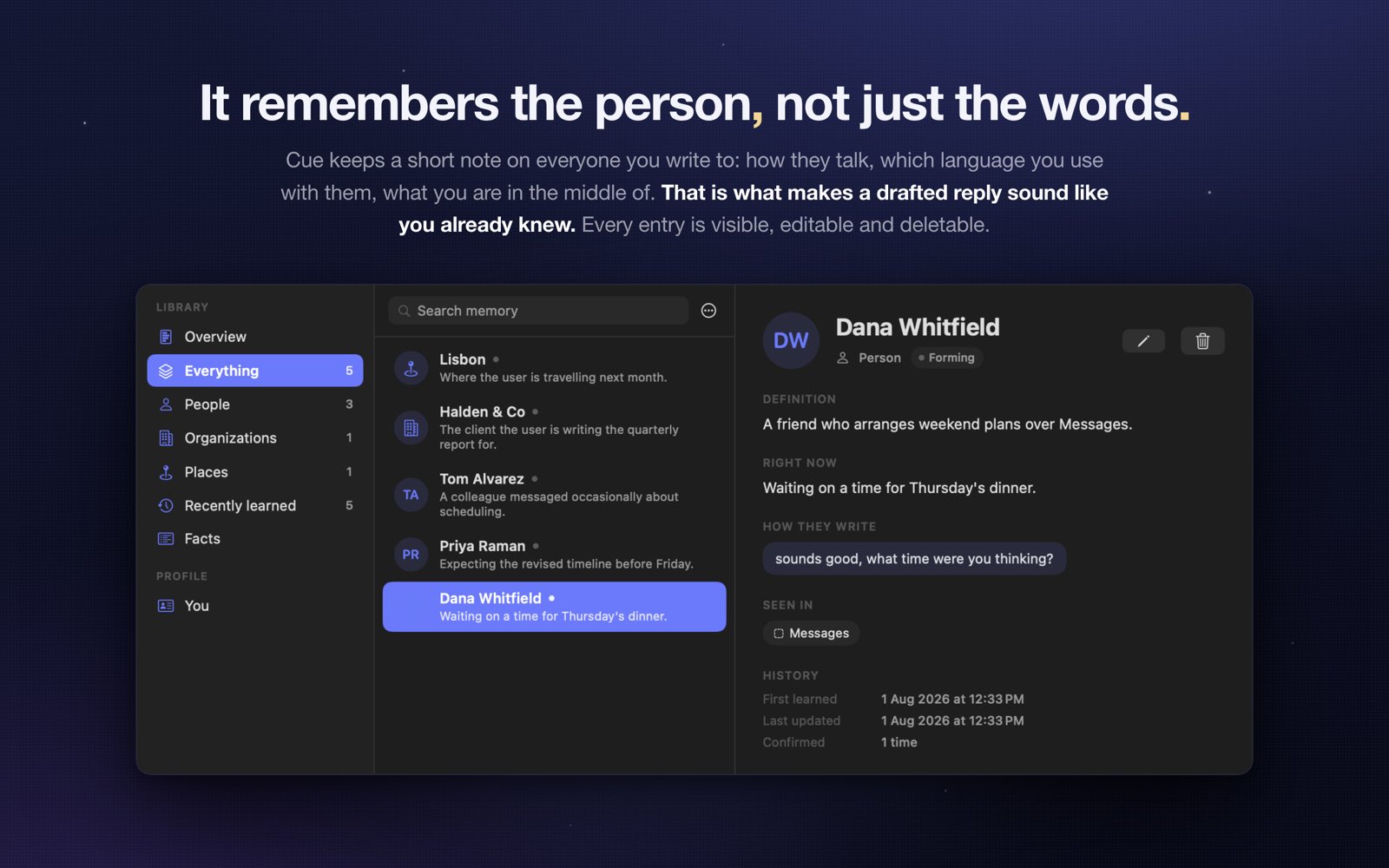 Cue's memory library showing a person entry