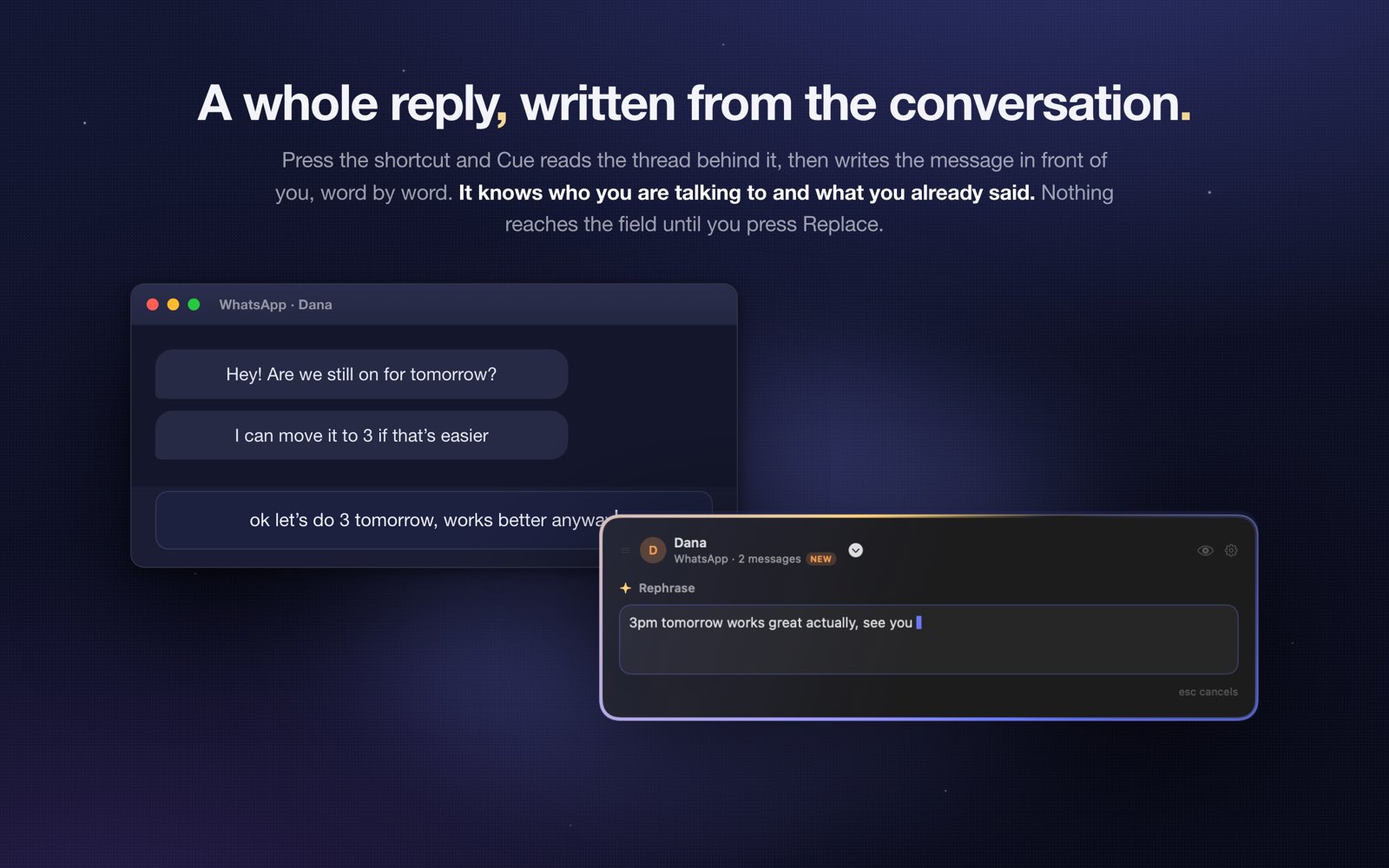 Cue's panel writing a reply over a WhatsApp thread