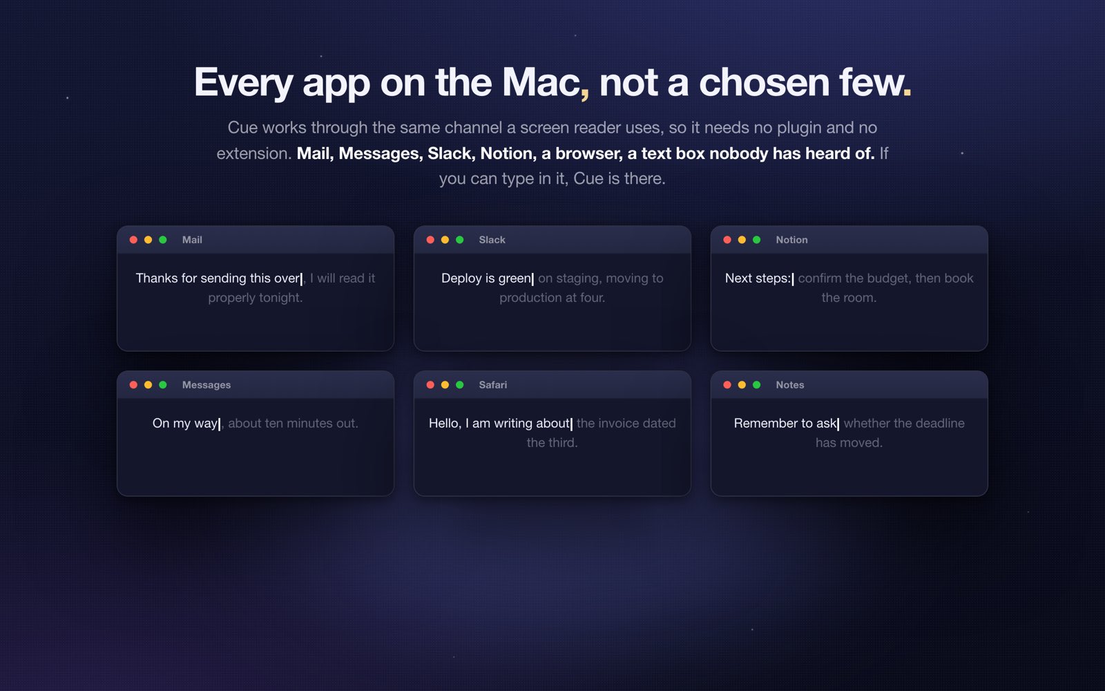 Six different Mac apps each showing a suggestion