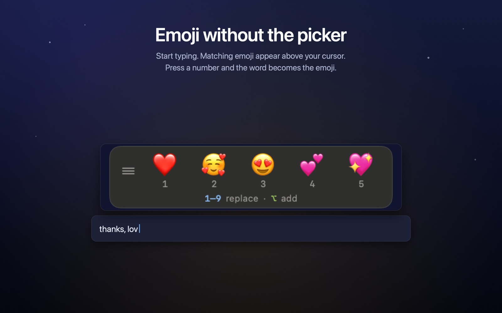 The Emojist suggestion bar floating above a message field, showing heart emoji numbered 1 to 5 while the word love is being typed.