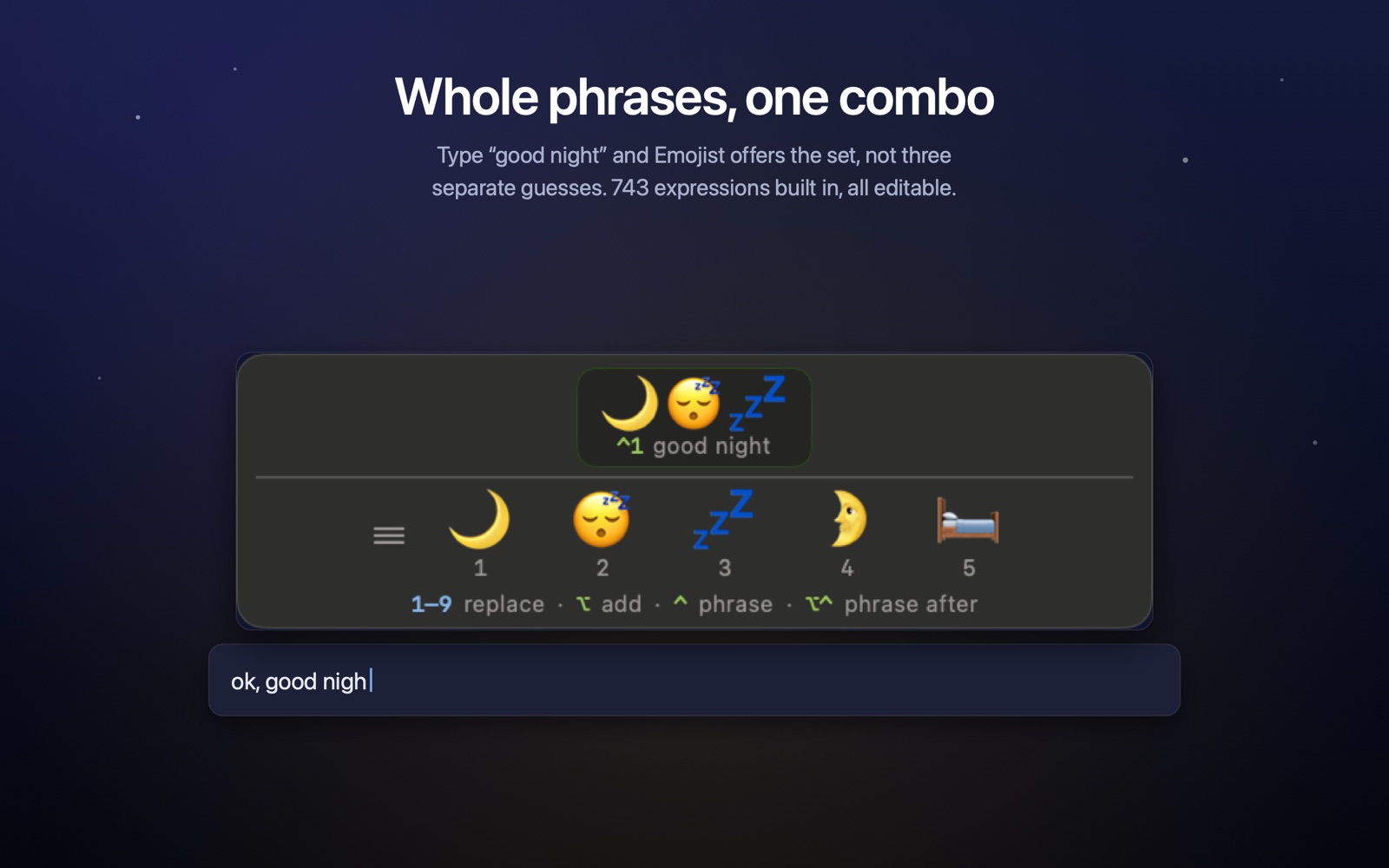 The suggestion bar showing a good night phrase combo of moon, sleeping face and zzz above the single-emoji row.