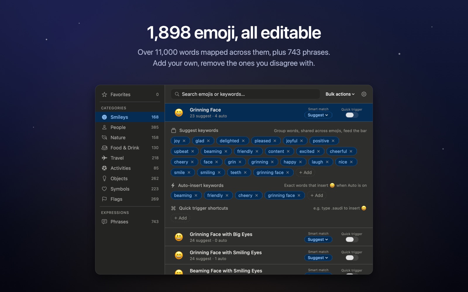 The Emojist catalog showing emoji categories in the sidebar and the editable suggest and auto keyword chips for Grinning Face.