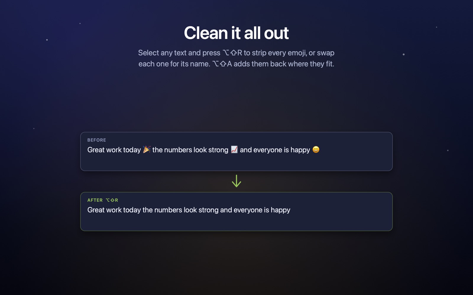 A before and after pair showing a sentence with three emoji, then the same sentence with every emoji stripped out.