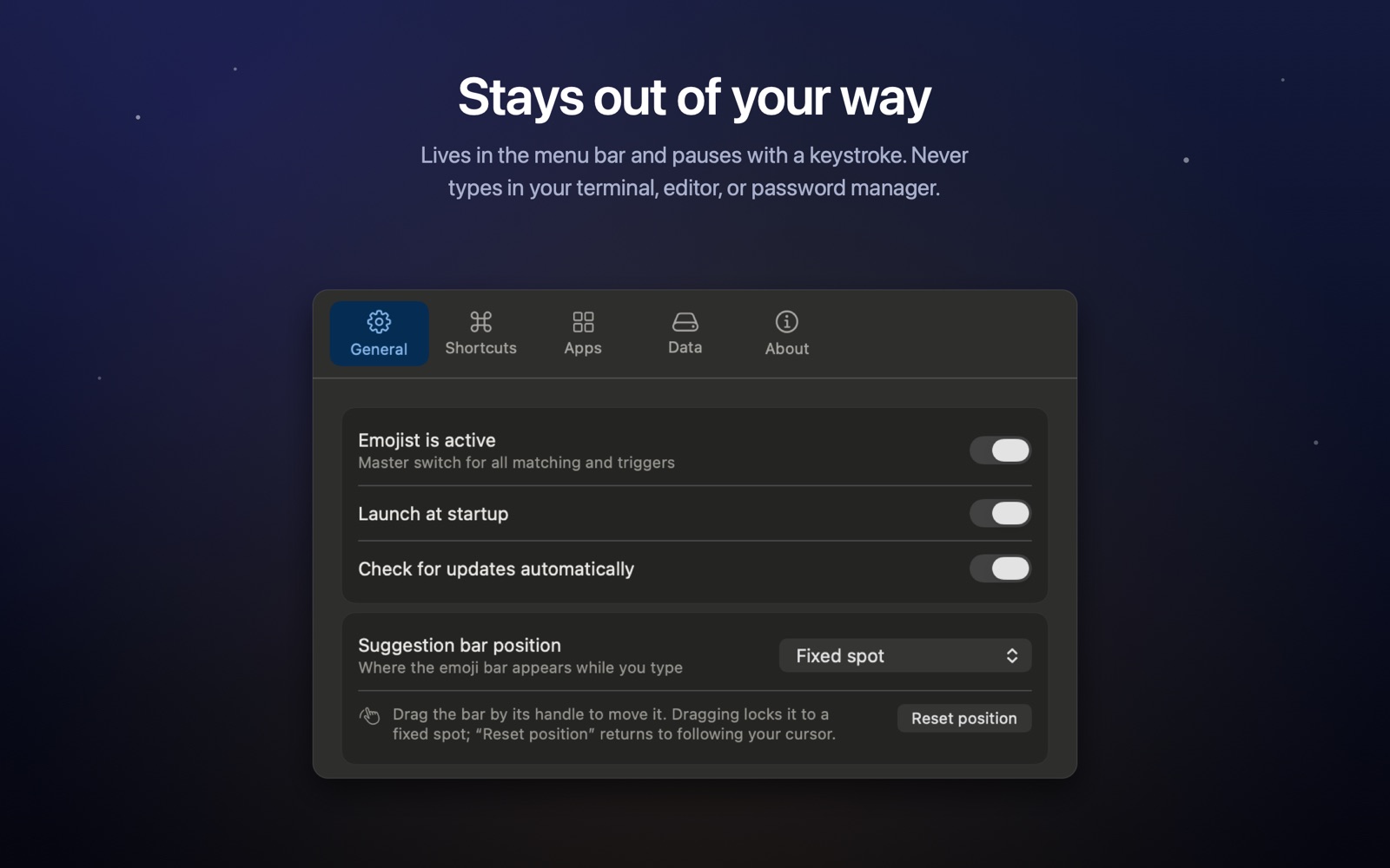 Emojist settings showing the master switch, launch at startup, automatic updates and suggestion bar position.