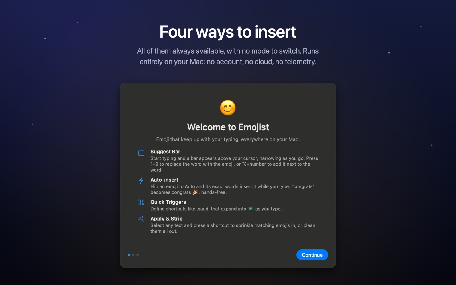 The Emojist welcome screen listing the Suggest Bar, Auto-insert, Quick Triggers and Apply and Strip features.
