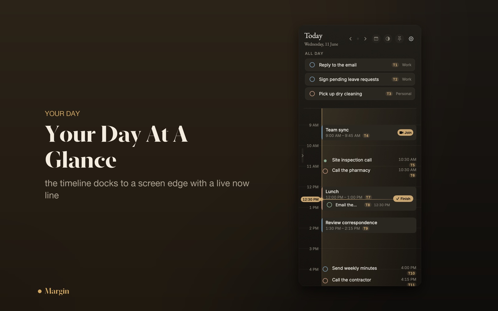 Margin's slim day timeline docked to the edge of the screen, showing the day's events and reminders at a glance.