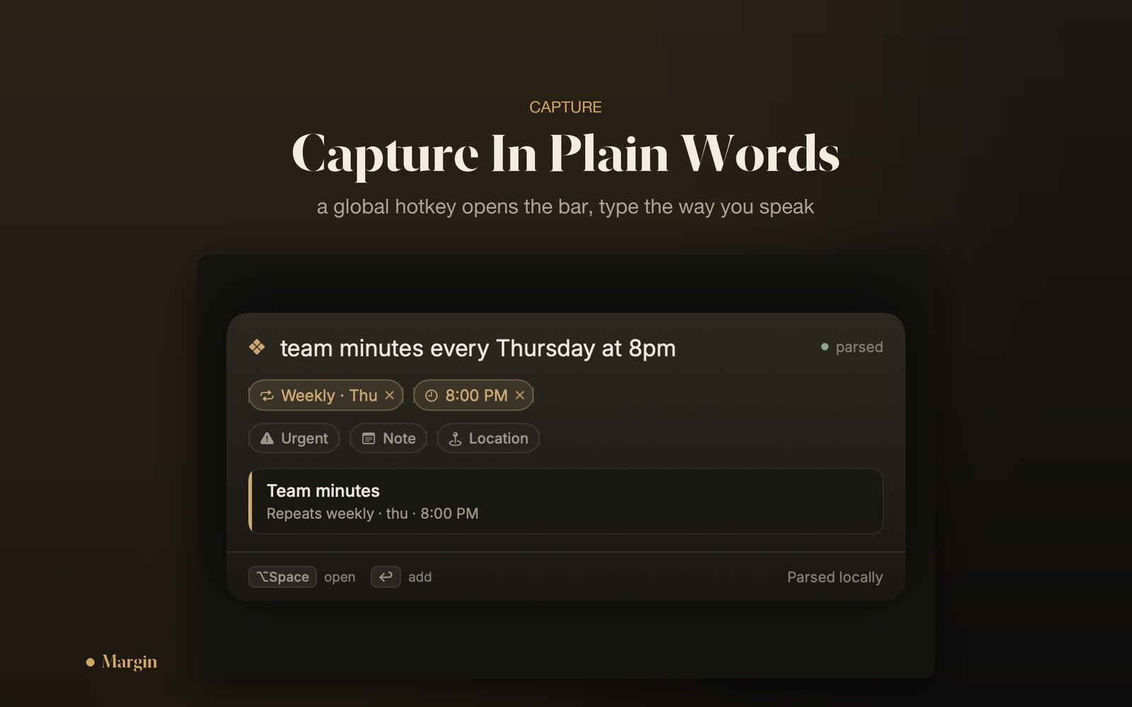 The Option+Space capture bar turning a plain-language sentence into a reminder or event.