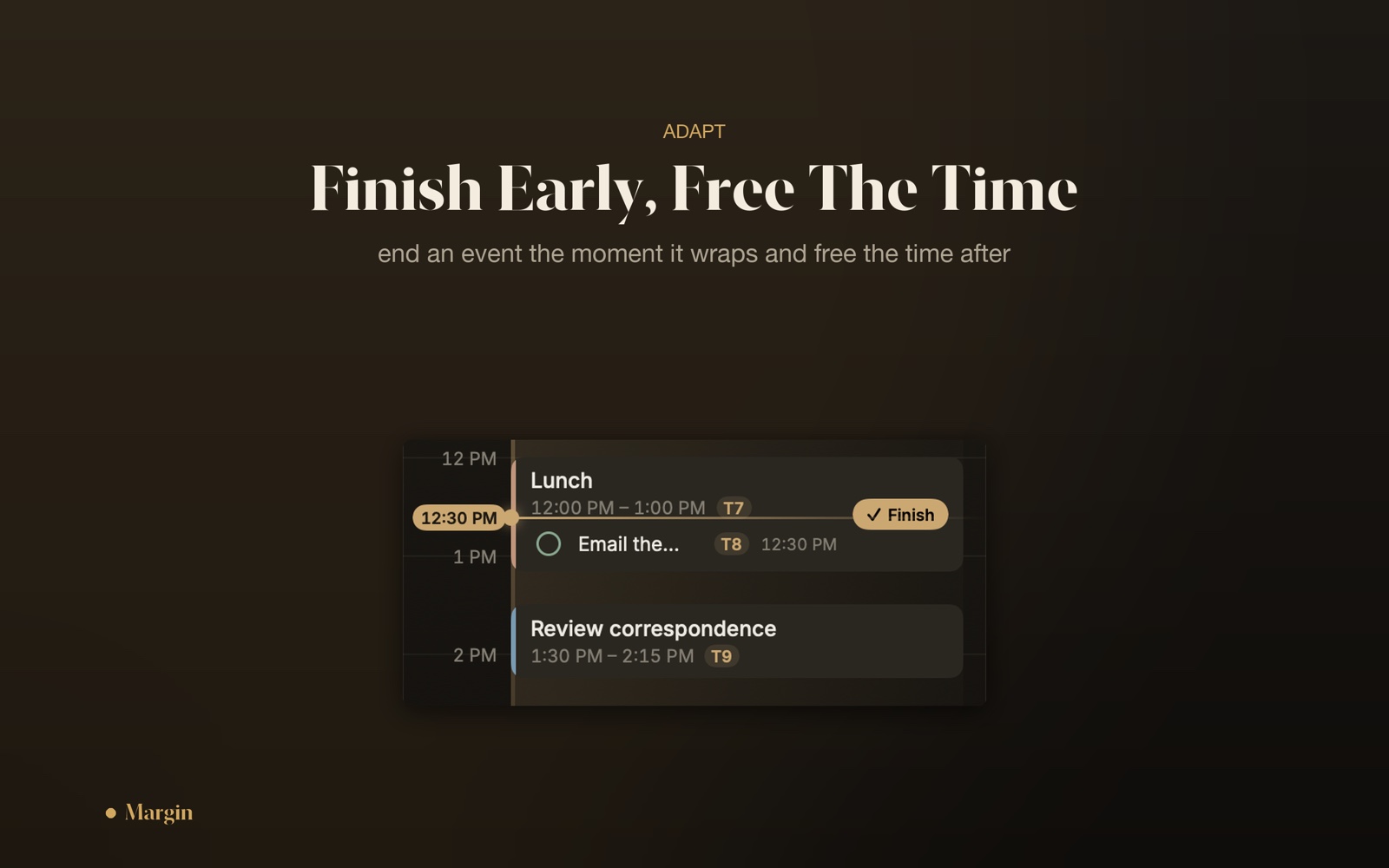 Finishing a meeting early in Margin, reopening the remaining time on the timeline.