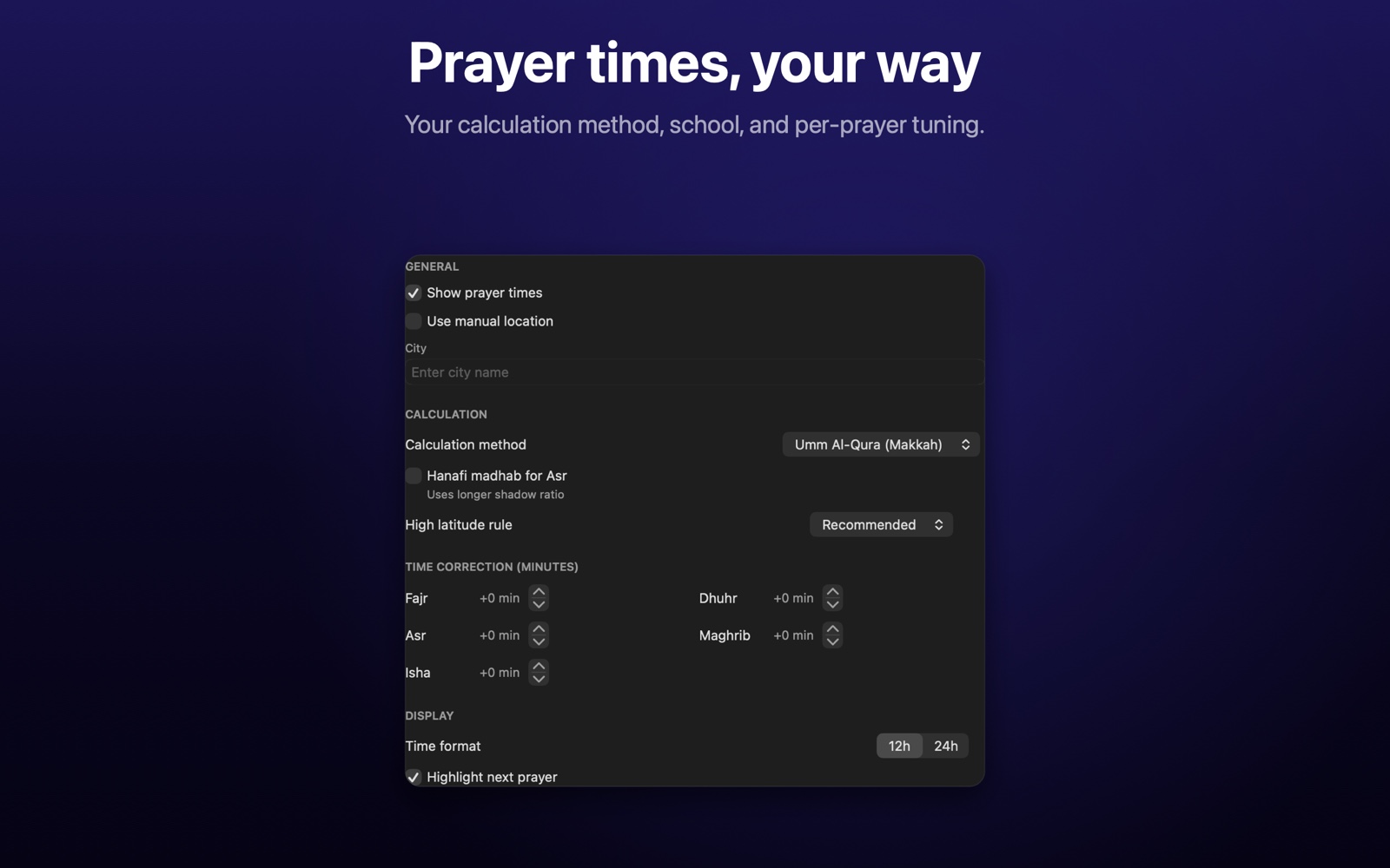 Prayer-time settings with calculation method, Hanafi madhab option, high-latitude rule, and per-prayer minute adjustments.